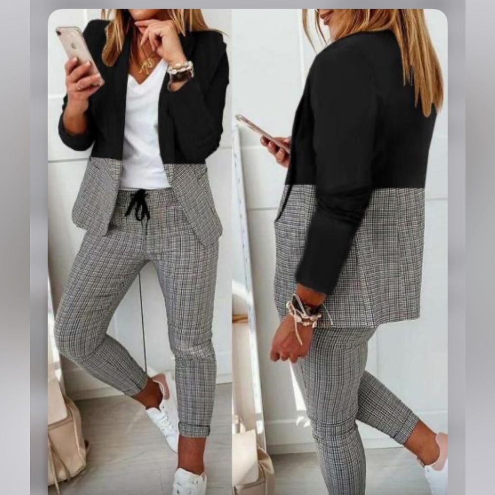 New - never worn - Plaid Double Block Blazer and Drawstring Jogger Pant Set